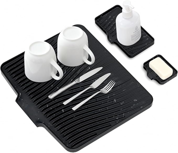 Silicone Dish Drying Mat for Kitchen Counter, 15.8"x13" Extra Large Non-Slip Drain Pad with Built-in Drainage, Heat Resistant Dishwasher Safe, Black