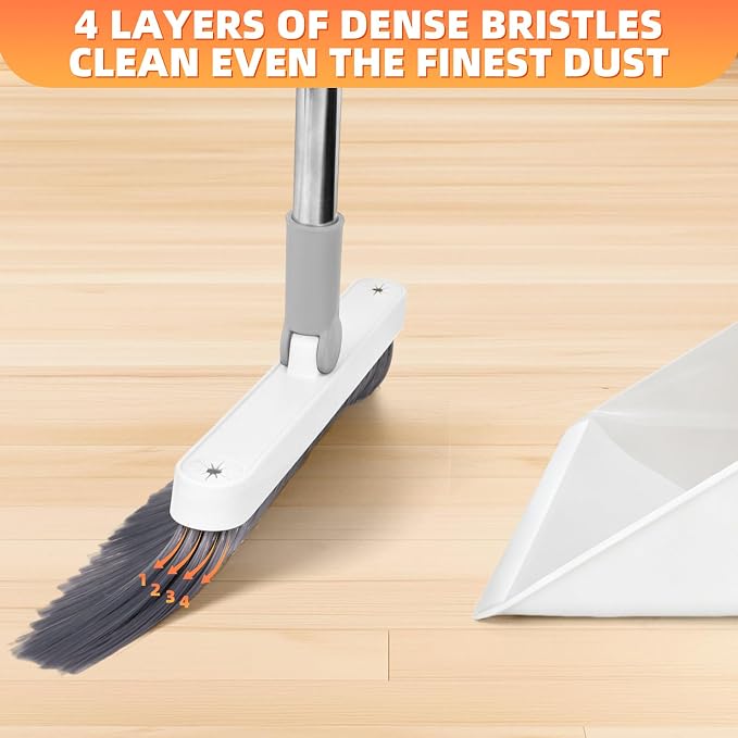 Broom and Dustpan Set, 51 inch Long Adjustable Handle Angle Broom and Dustpan Combo Set with Double Dustpan Teeth to Clean Hair for Home Kitchen Office Lobby, White&Grey