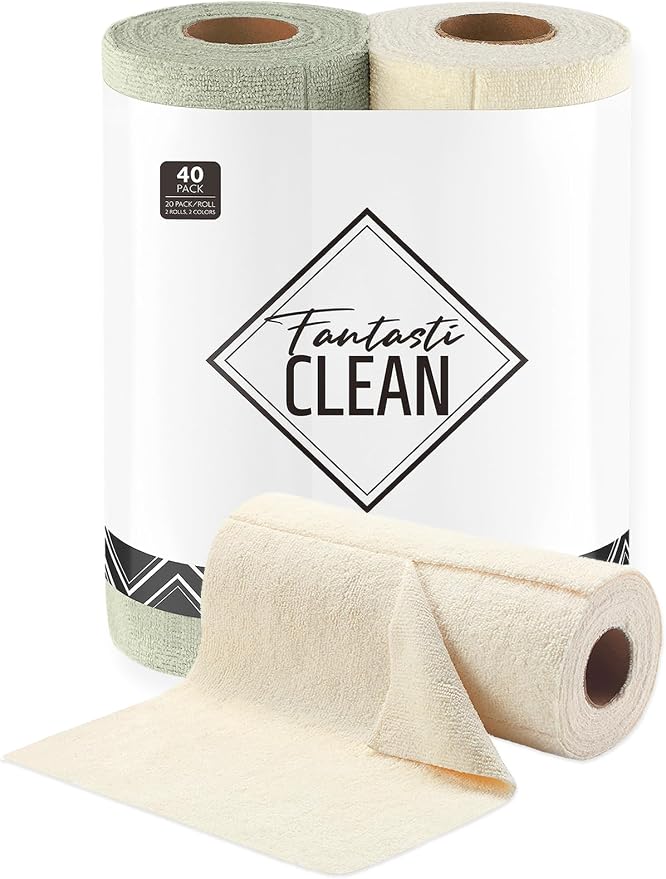 Fantasticlean Kitchen Towels Roll, 40 Sheets, 10''x 10'' (Beige, MossGreen) | Tear-away Dish Towels for Kitchen, Ultra Absorbent, Lint-free, Premium Microfiber Cleaning Cloths, for All-Purpose Cleaning