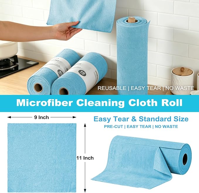 Puomue 55 Pack Microfiber Cleaning Cloth Roll, Tear Away Reusable Paper Towels, 11" X 9", Ultra Absorbent & Lint Free Microfiber Cloth for Cleaning Cars, Kitchen, Window, Home and Shop, Blue