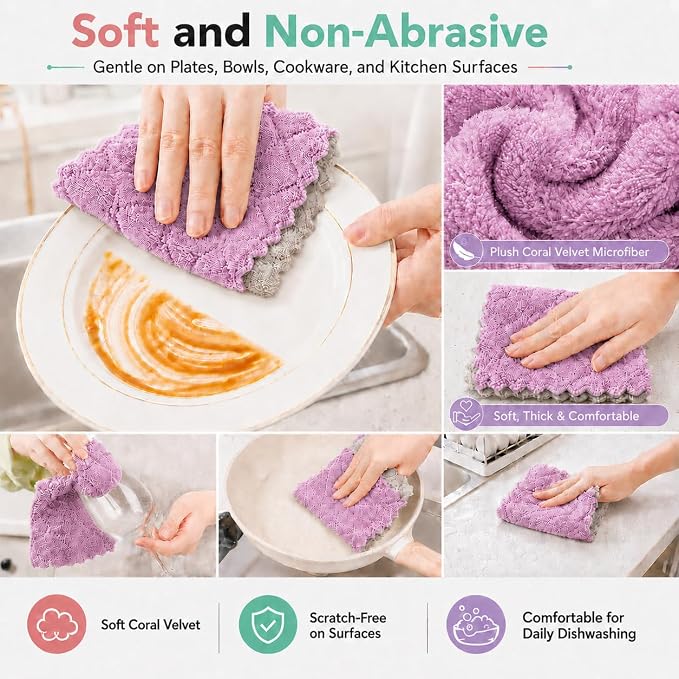 kimteny 12 Pack Dish Cloths for Washing Dishes, Super Absorbent Microfiber Kitchen Dish Rags, Fast Drying Coral Velvet Dish Cloths for Kitchen Counter and Dishes (Purple-Grey)