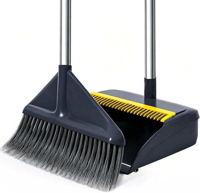 Broom and Dustpan Set with 52" Long Handle | Stand Up Dustpan with No Warping Metal Edge, 4-Layer Flagged-Tip Bristles, Hair Cleaning Teeth for Home, Kitchen & Office