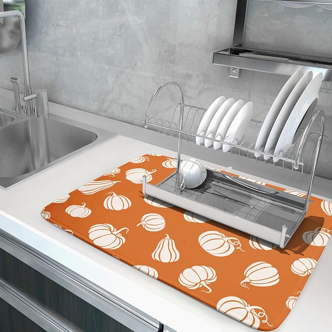 Fall Dish Drying Mat for Kitchen Counter Autumn White Pumpkins Festival Microfiber Absorbent Dish Draining Reusable Washable Foldable Extra Large 18"x24"
