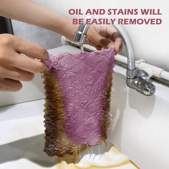 UMANI 12 Pack Kitchen Dish Cloths, Ultra Soft Absorbent Quick Drying Dish Towels, Nonstick Oil Microfiber Cleaning Cloth, Machine Washable Coral Fleece Cleaning Rags (Purple)