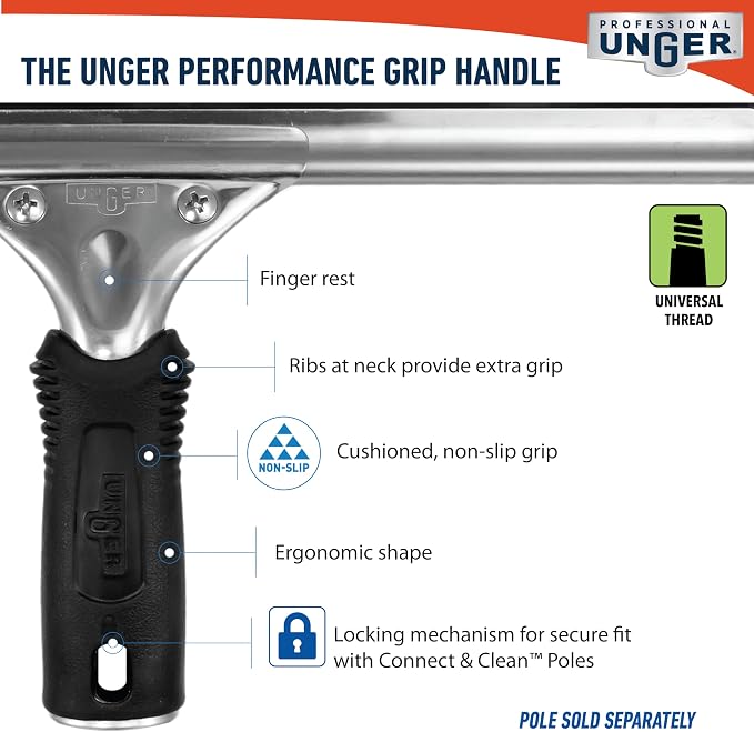 Unger Professional Connect and Clean 12” Performance Squeegee for Glass and Window Care with Replacement Rubber, Heavy Duty Cleaning Supplies with Streak-Free Results, Handheld Household Cleaner Tool