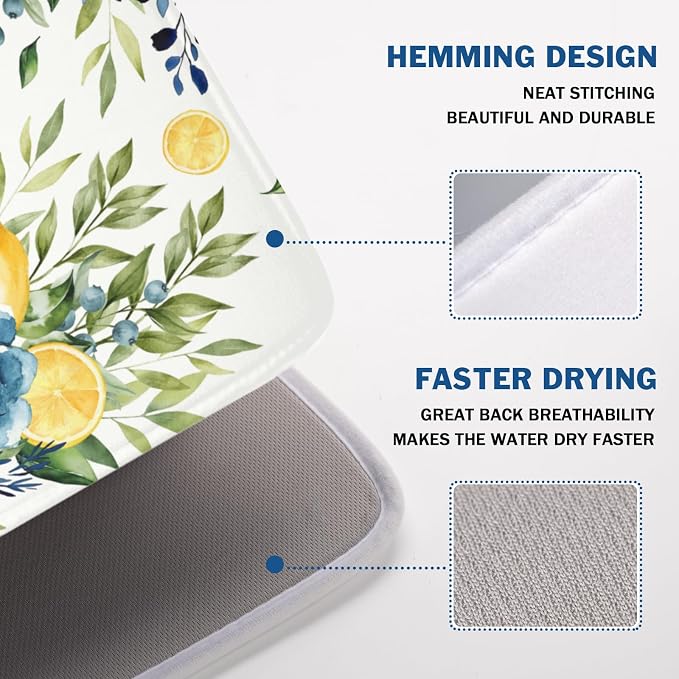 Blue Floral Camellia Lemon Dish Drying Mat 18x24 Inch | Polyester，Absorbent Microfiber，for Kitchen Coffee Dining Bar Decor