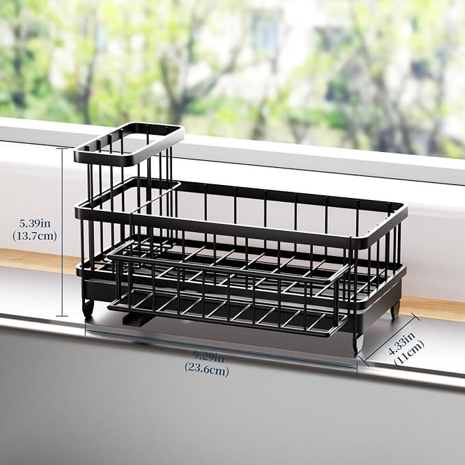 Consumest Sponge Holder for Kitchen Sink - Auto Draining Sink Caddy Organizer with Detachable Rack, High Brush Holder, Kitchen Countertop Storage Accessories, Black