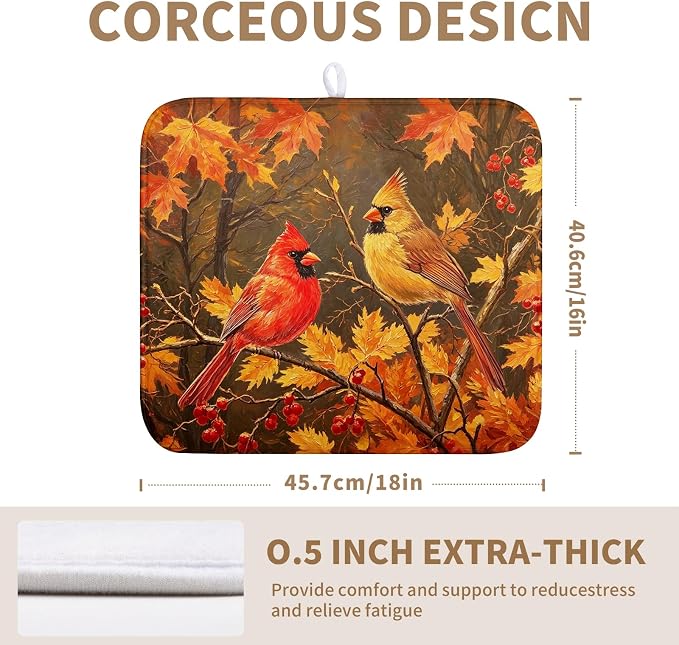 Fall Maple Leaves Birds Dish Drying Mat for Kitchen Counter 16x18 Autumn Colored Maple Forest Drying Mats Thanksgiving Harvest Dishes Drying Pad Absorbent Microfiber Sink Dish Drainer Rack Mat