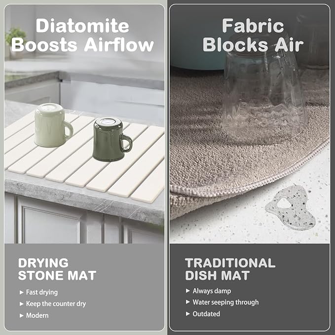 Large Stone Dish Drying Mats for Kitchen Counter, 24"×16"Dish Drying Mat with 8"x 4" Coasters, Collapsible Quick-Dry Diatomite Drying Mat for Dishes, Bottles & Cups