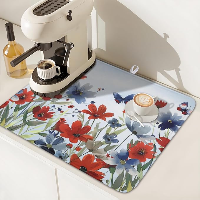 4th of July Dish Drying Mat for Kitchen Counter 16 x 18 Inch Patriotic Floral Dish Drainer Mat Absorbent Microfiber Independece Day Dish Rack Pad for Coffee Dining Bar Decor