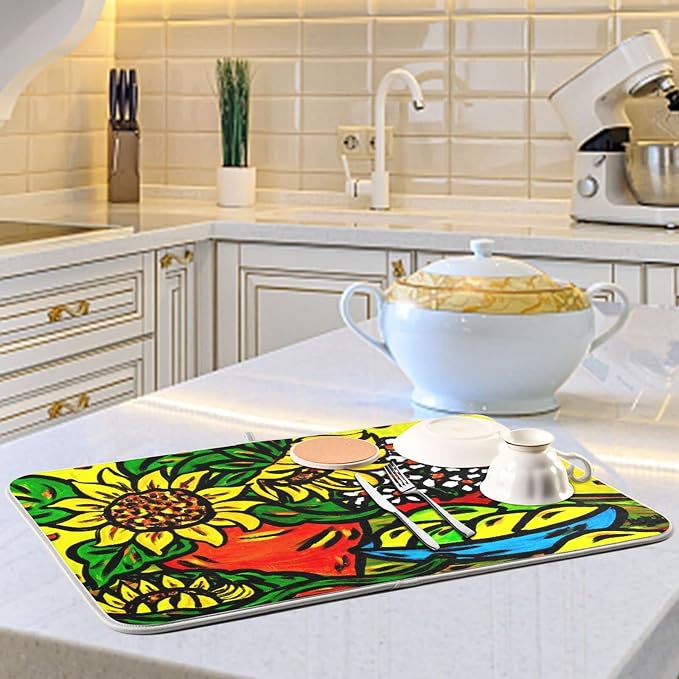 Absorbent Dish Drying Mat for Kitchen Counter - Sunflower Yellow Cute Microfiber Drying Pad, Reversible Drainer Mats for Countertop, Large 18" x 24"