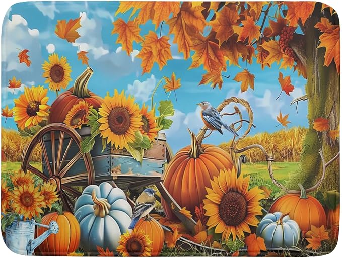 Fall Dish Drying Mat for Kitchen Counter Autumn Pumpkin Cute Bird Microfiber Absorbent Dish Draining Reusable Washable Foldable Extra Large 18"x24"