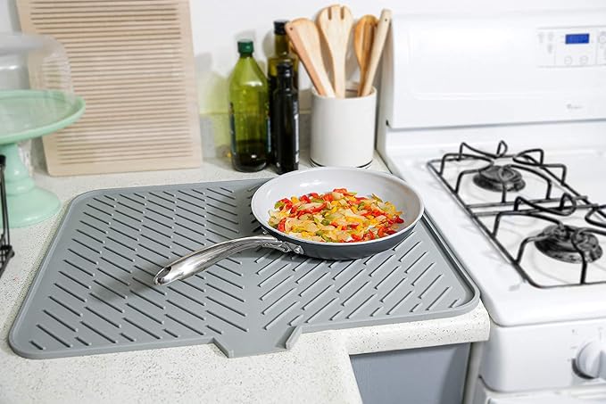 Luxet Silicone Dish Drying Mat with Built-in Drain Lip - Hygienic Drying Pad - Sturdy Compact Easy to Clean Tray Protects Surfaces Prevents Water Build Up - 23 X 17 (White)