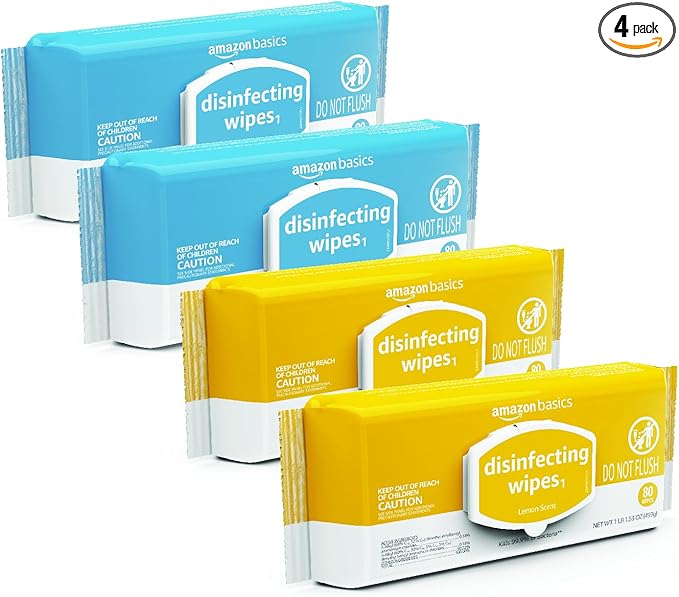 Amazon Basics Disinfecting Wipes, Lemon & Fresh Air Scent, Multi-Surface, Sanitizes/Cleans/Disinfects/Deodorizes, Strong & Convenient, 320 Count (4 Packs of 80)