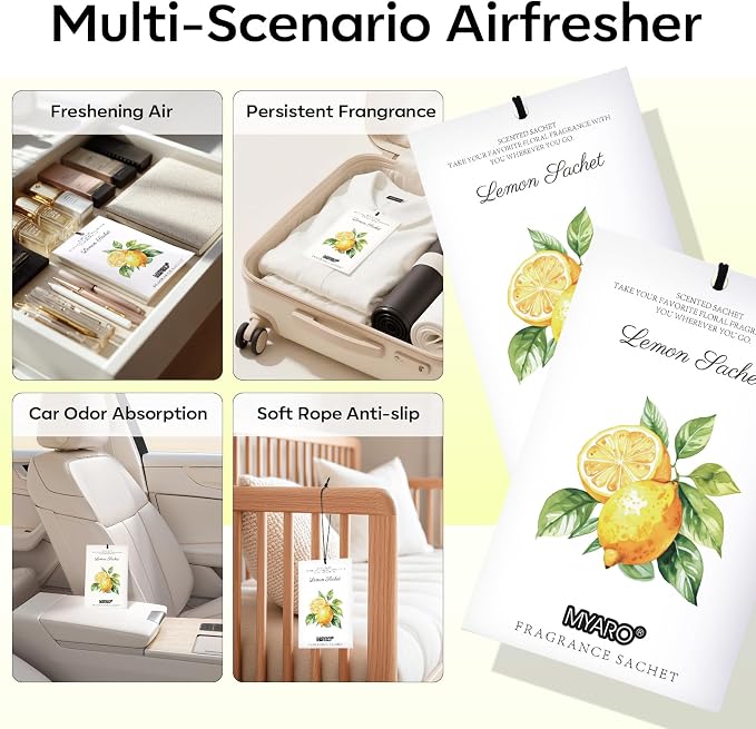 MYARO 12 Packs Lemon Scented Sachets for Drawer Closet Bathroom Odor Eliminator - Fresh Home Fragrance Car Air Frehener