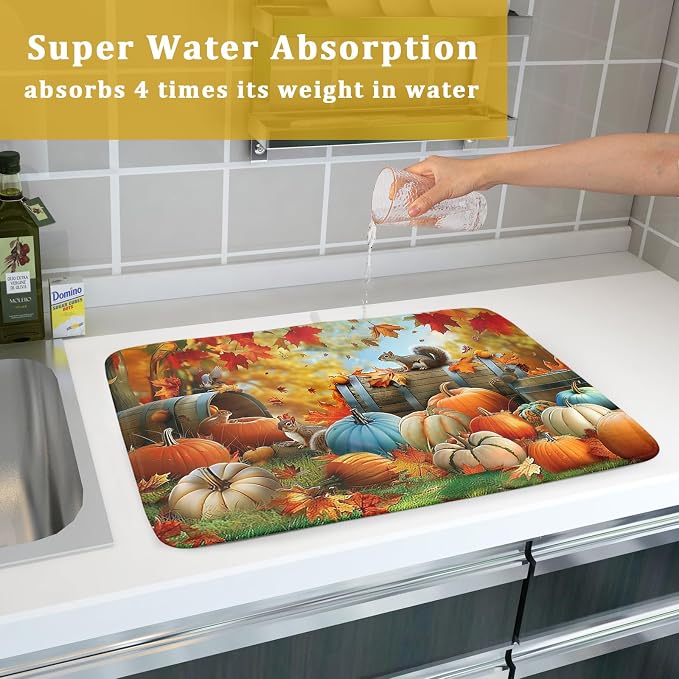 Fall Dish Drying Mat for Kitchen Counter Autumn Pumpkin Cute Squirrel Microfiber Absorbent Dish Draining Reusable Washable Foldable Extra Large 18"x24"