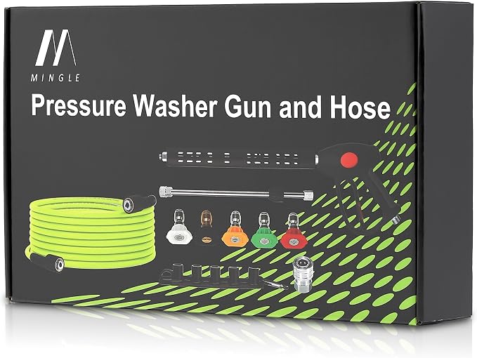 M MINGLE Pressure Washer Hose and Gun Kit, 25FT Power Wash Hose with 5 Tips | M22-14mm Fitting, Replacement for Ryobi, Simpson, Craftsman, Ideal for Car, Driveway, Patio & Household Deep Washing
