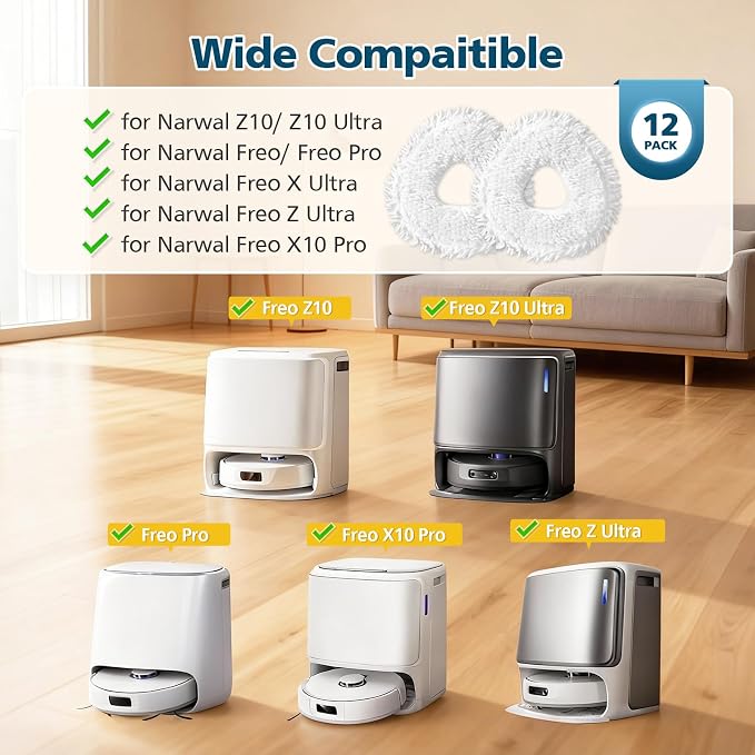 12 Pcs Replacement Mop Pads for Narwal Freo|Freo X Ultra| Freo Z10|Freo Pro | Freo Z Ultra & Freo X10 Pro Robot Vacuum & Mop, Washable Reusable Microfiber Robot Vacuum Mop Pads