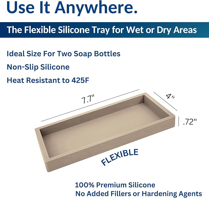 Spacewiser Countertop and Vanity Tray - Small 7.7” Silicone Tray for Soap Dispenser Bottles, Bathroom Trays, Kitchen Sink Trays, Sink Caddy Kitchen Sinks Organizer, Soap Dish & Sponge Holder Mat