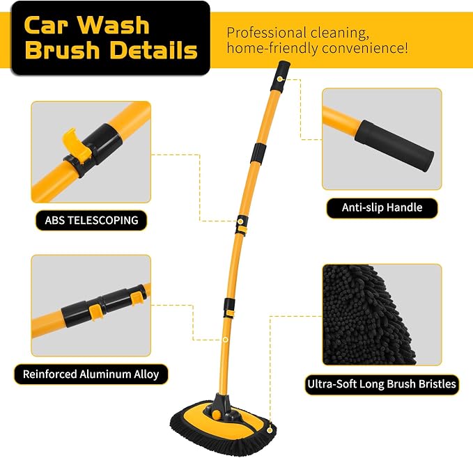 Ordenado 57" Car Wash Brush with Long Handle, 15°Curved Chenille Microfiber Car Wash kit with Extension Pole & Replacement Head, RV Car Cleaning Washer, Scratch-Free Mop for Truck, SUV, Boat