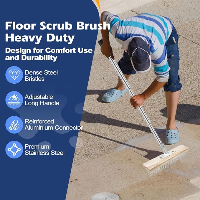 Floor Scrub Brush, Concrete Outdoor Broom Long Handle Cleaning Tool | Metal Wire Pool Deck Brush Stainless Steel, Garage Patio Gunite Tile Algae Moss for Scrubbing Heavy Duty