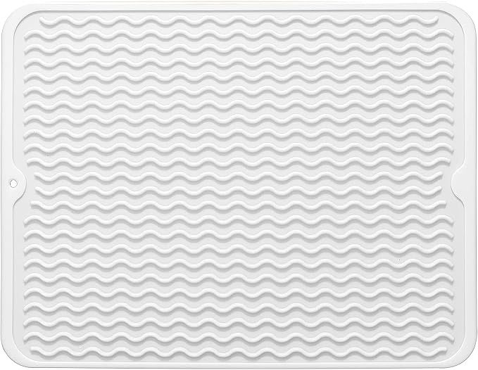 Large 14" x 11" Silicone Dish Drying Mat for Kitchen Counter, Easy clean, Quick Dry, Heat-resistant Dish Drainer Mat for Sink,Refrigerator or Drawer liner (Food Grade Silicone-White)