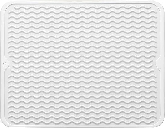 Large 14" x 11" Silicone Dish Drying Mat for Kitchen Counter, Easy clean, Quick Dry, Heat-resistant Dish Drainer Mat for Sink,Refrigerator or Drawer liner (Food Grade Silicone-White)
