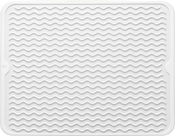 Large 17" x 14" Silicone Dish Drying Mat for Kitchen Counter, Easy clean, Quick Dry, Heat-resistant Dish Drainer Mat for Sink,Refrigerator or Drawer liner (Food Grade Silicone-White)