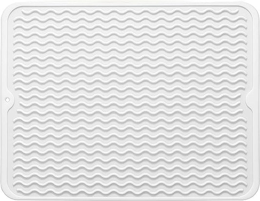 Large 17" x 14" Silicone Dish Drying Mat for Kitchen Counter, Easy clean, Quick Dry, Heat-resistant Dish Drainer Mat for Sink,Refrigerator or Drawer liner (Food Grade Silicone-White)