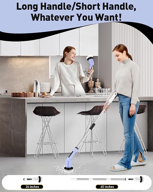 Shower Scrubber with Long Handle, Shower Cleaner Brush with 8 Floor Machine Pads, Cordless Electric Spin Scrubber for Cleaning with 2 Speed, Cleaning Supplies for Bathroom Bathtub Kitchen Floor Toilet