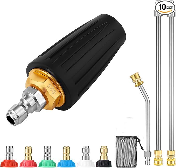 Pressure Washer Turbo Nozzle Kit, 4000 Psi, 1/4" Qc, 6 Tips, 3 Wands | 360° Rotating Turbo Spray, Ceramic Core, Brass & Stainless Steel, 4.0 Gpm, For Gutters, Cars, Patios And Driveways