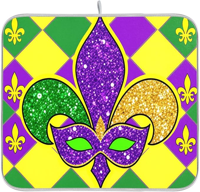 Mardi Gras Fleur De Lis Dish Drying Mat 18 X 24 Inch Rhombus Carnival Mask Absorbent Microfiber Dry Dishes Pads Tableware Mats Protector for Kitchen Countertops Counter Home Decorations