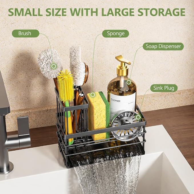 Cisily Sink Caddy Sponge Holder for Kitchen with Brush Holder and Stainless Steel Self Drain Tray, Rustproof Kitchen Sink Organizer for Sponge, Soap Dispenser Storage Accessories