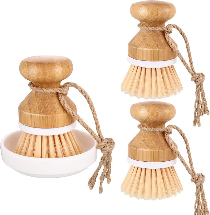 Boao 3 Pieces Bamboo Dish Scrub Brush and 1 Holder Natural Wooden Kitchen Cleaning Scrubbers Durable Bamboo Palm Household Pot Scrubber Brush for Dishes Pots Pans Kitchen Sink Cleaning