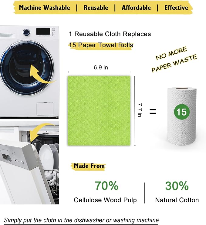 MoLKENE Swedish Dishcloths for Kitchen | 10 Pack Absorbent Cellulose Sponge Cloths Washable | Non-Scratch Reusable Paper Towels Quick Drying Cleaning Rag - Lime Green