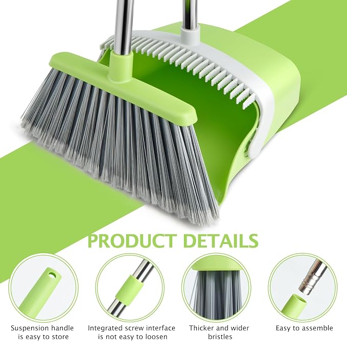 Broom and Dustpan Combo Set,51" Long Handle,Gray Green | Heavy Dust, Dustpans with Broom Combo for Home, Kitchen, Office, Classroom,Apartment, Pet Hair