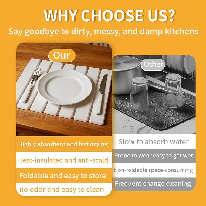 Stone Dish Drying Mat for Kitchen Counter, 16''×12'' Quick Dry Stone Dishes Mats Foldable Water Absorbing Diatomaceous Earth Drying Organizer Mat for Dishes Utensils Bottles Any Countertop(White)