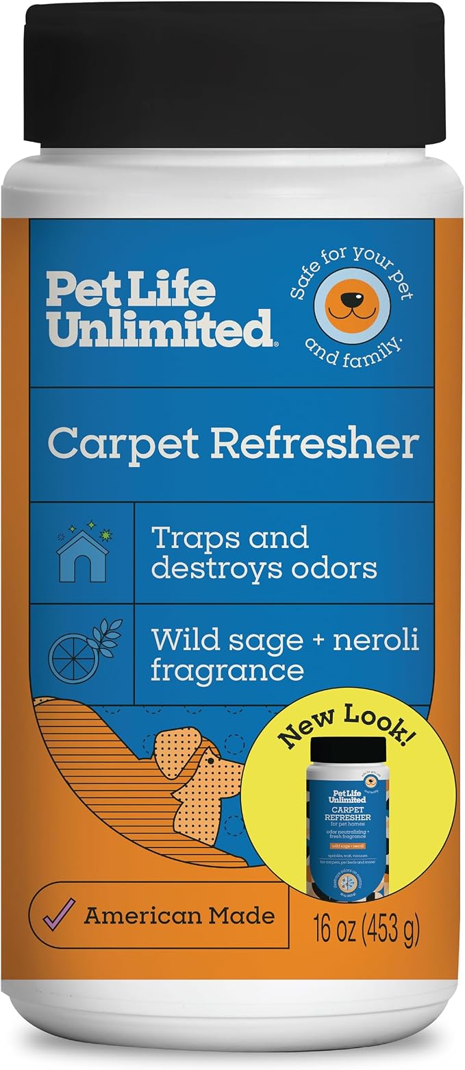 Pet Life Unlimited Carpet Deodorizer Powder, 16 oz, Strong Pet Odor Eliminator & Carpet Freshener, Plant-Based Wild Sage & Neroli Scent, Pet Safe (Pack of 1)