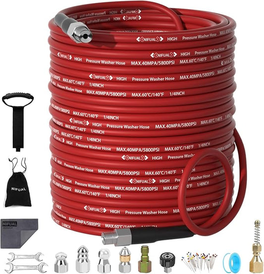 NIFUAL Sewer Jetter Kit for Pressure Washer,200FT 5800PSI Pressure Drain Cleaner 1/4 Inch NPT Corner Rotating and Button Hose Sewer Jetting Nozzle for Homeowners & DIYers (200FT)