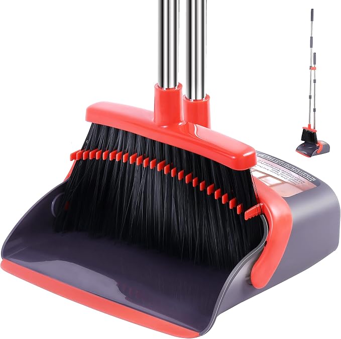 Broom and Dustpan Set 52-in Long Adjustable Handle Broom Dustpan Combo | Upright Dustpan with Teeth to Automatically Clean Hair, Suitable for Home Kitchen Office Hall Floor Lobby(Purple&Red)