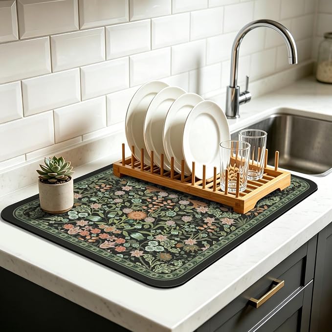 Vintage Floral Dish Drying Mat 12x20 Inch, Dish Mat Drying Kitchen Mats for Extra Large Absorbent Countertop, Aesthetic Boho Drying Matt Kitchen Counter Washable Heat Resistant Dish Drainer Rack Mat