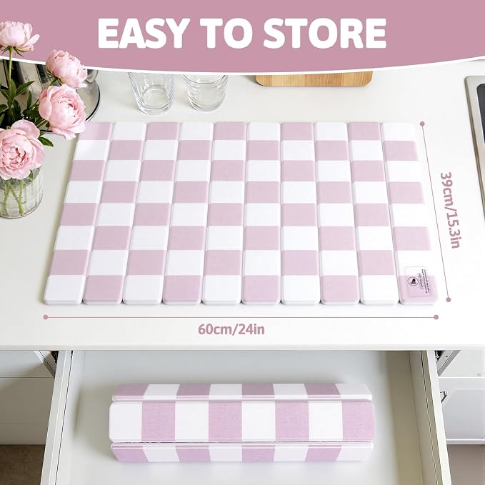 Yamaziot Large Stone Drying Mat for Kitchen Counter, 15.3"x24" Foldable Ultra Absorbent Stone Drying Mat, Quick-Dry Diatomaceous Earth Mat, Non-Slip Heat Resistant Mat for Dishes, Cups, Bottles, Pink
