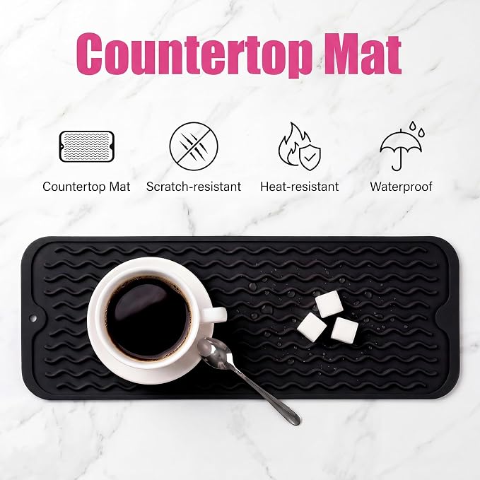 MicoYang Silicone Dish Drying Mat for Multiple Usage,Easy clean,Eco-friendly,Heat-resistant Silicone Mat for Kitchen Counter,Sink,Bar,Bottle,or Cup Black M 17 inches x 6 inches