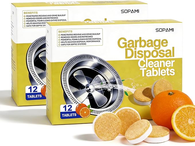 SOPAMI Garbage Disposal Cleaner Tablet and Deodorizer 24 Pack 2 Year Supply | KITCHEN Citrus Foam Sink Cleaner Eliminates Odor,XL Grease & Buildup Remover,Natural Kitchen Drain Cleaning Care