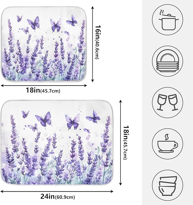 Purple Lavender Spring Summer Flower Floral Dish Drying Mat for Kitchen Counter Absorbent Microfiber Small Drying Pad Dish Mats for Kitchen Countertops 16 x 18 Inch