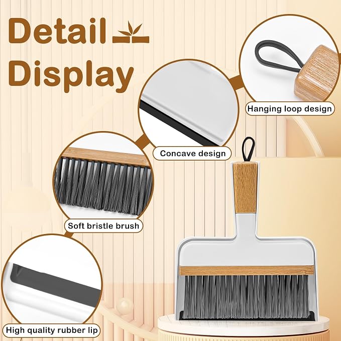 ThinkLearn Mini Dustpan and Brush Set, Bamboo Handle with Rubber Lip | Small Handheld Cleaning Set for Tight Spaces, Small Broom Dustpan for Home Car Camping
