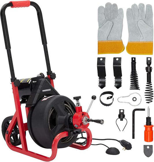75 ft x 1/2 in Drain Cleaner Machine with 6 Cutters & Gloves, Auto Feed Sewer Snake for 2–4 Inch Pipes, Professional Plumbing Drain Cleaner Machine