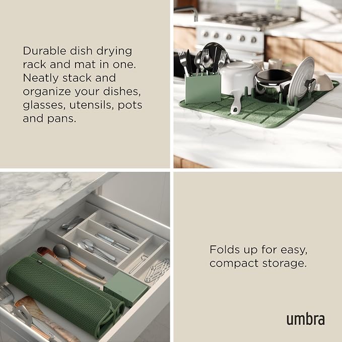 Umbra UDry Dish Drying Rack with Mat – Kitchen Countertop Dish Drainer & Absorbent Microfiber Drying Mat, Foldable Dish Rack Organizer for Plates, Cups & Utensils, Spruce