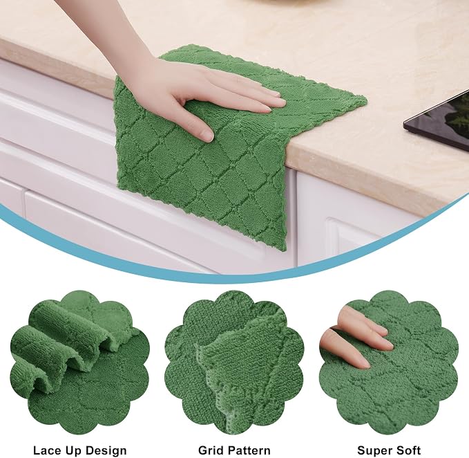 Homaxy 24 Pack Kitchen Dish Cloths (10 x 10 Inches, Grass Green), Super Soft and Absorbent Coral Velvet Dish Towels, Nonstick Oil Fast Drying Microfiber Cleaning Cloth, No Lint Household Dishcloths
