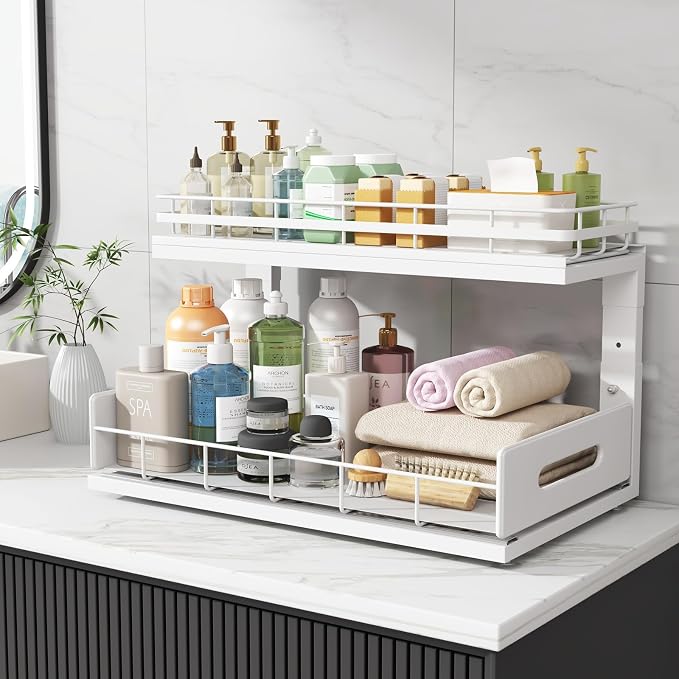 Under Sink Organizer Upgrade To Professional Rails,2-Tier Dual Pull Out Cabinet Storage,Height Adjustable Slide Out Drawers For Bathroom Kitchen,2 Pack-18.5"Dx12.8"-16.9"H,White